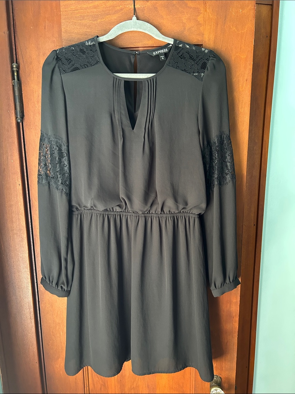 Express Black Long Sleeve Lace-Inset Dress